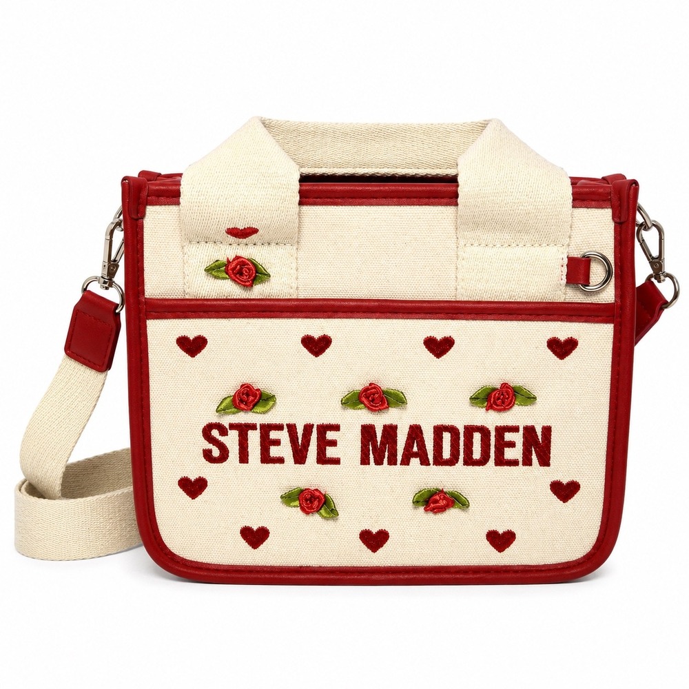 Steve Madden Ivory Canvas Mini Tote Bag Red Rose Heart Embroidery Crossbody